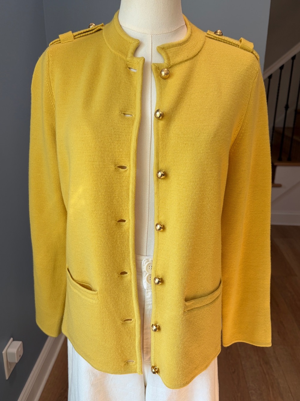 Talbots Petites Pure Merino Wool Military Jacket Cardigan Mustard Gold MP